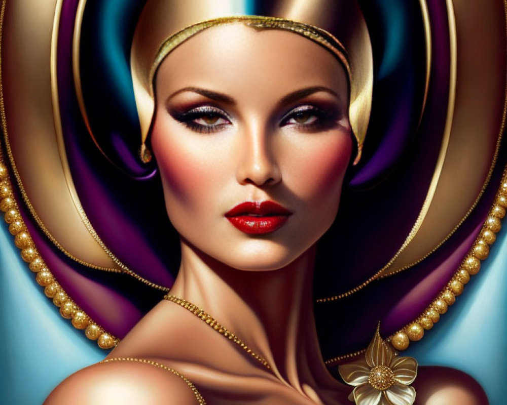 Stylized portrait of a woman with red lips and gold headpiece