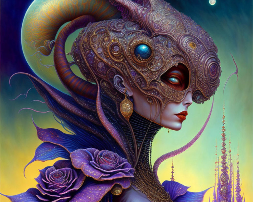 Surreal portrait of woman with ornate helmet and purple roses in moonlit alien landscape