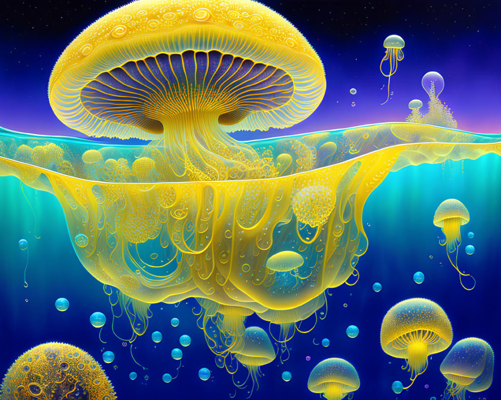 Surreal underwater scene with giant golden jellyfish in deep blue ocean