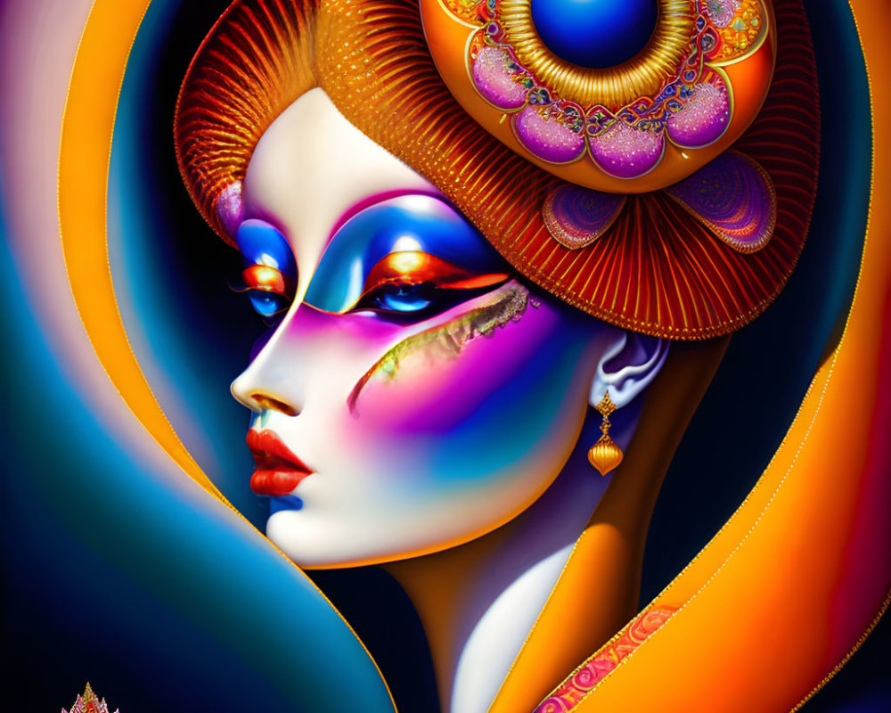 Colorful digital artwork: stylized woman's face with exaggerated features, ornate headdress, and