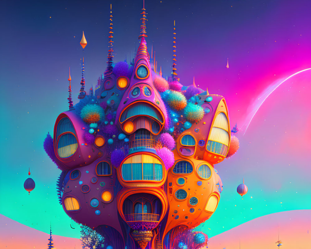 Vibrant alien landscape with floating islands and neon sky