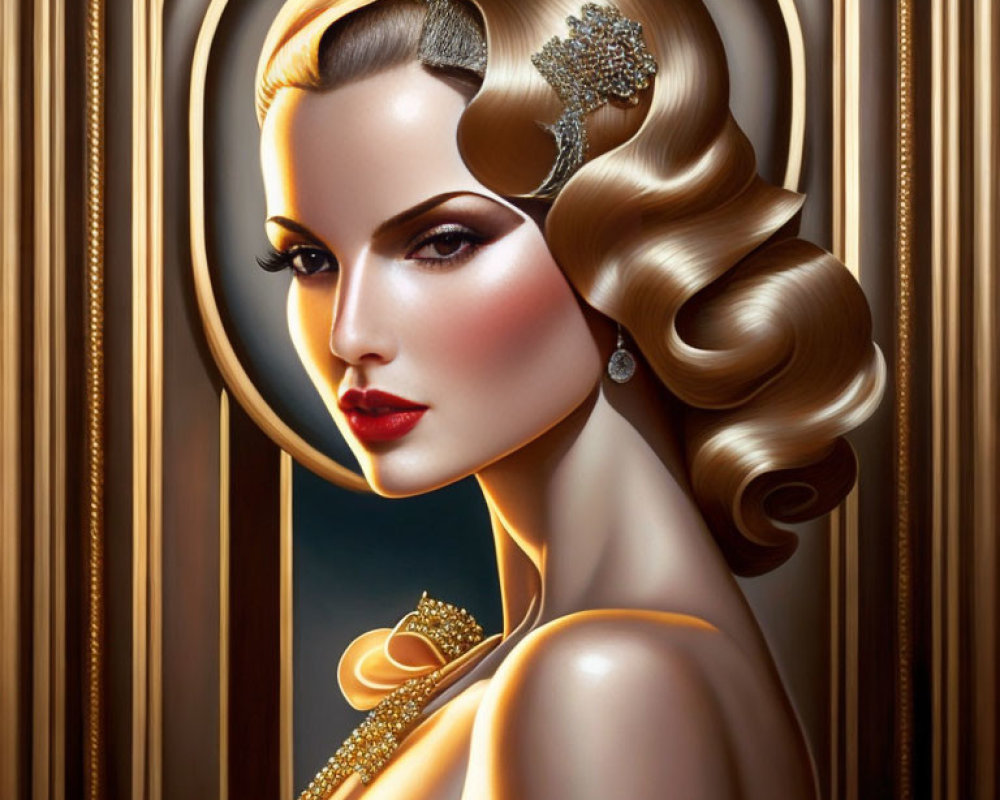 Vintage Hollywood Glamorous Woman Illustration in Golden Frame