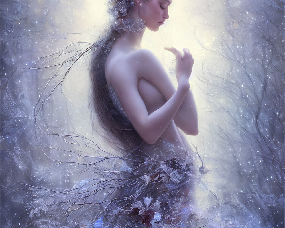 Mystical Woman with Long Hair in Frosty, Magical Environment