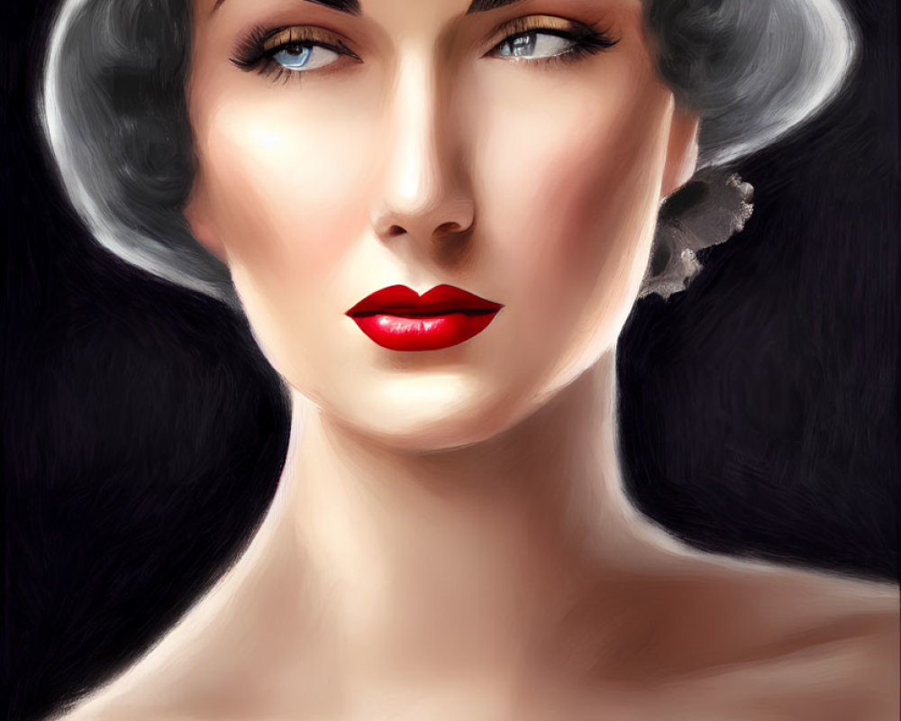 Portrait of woman with blue eyes, red lipstick, wide-brimmed hat, and off-should