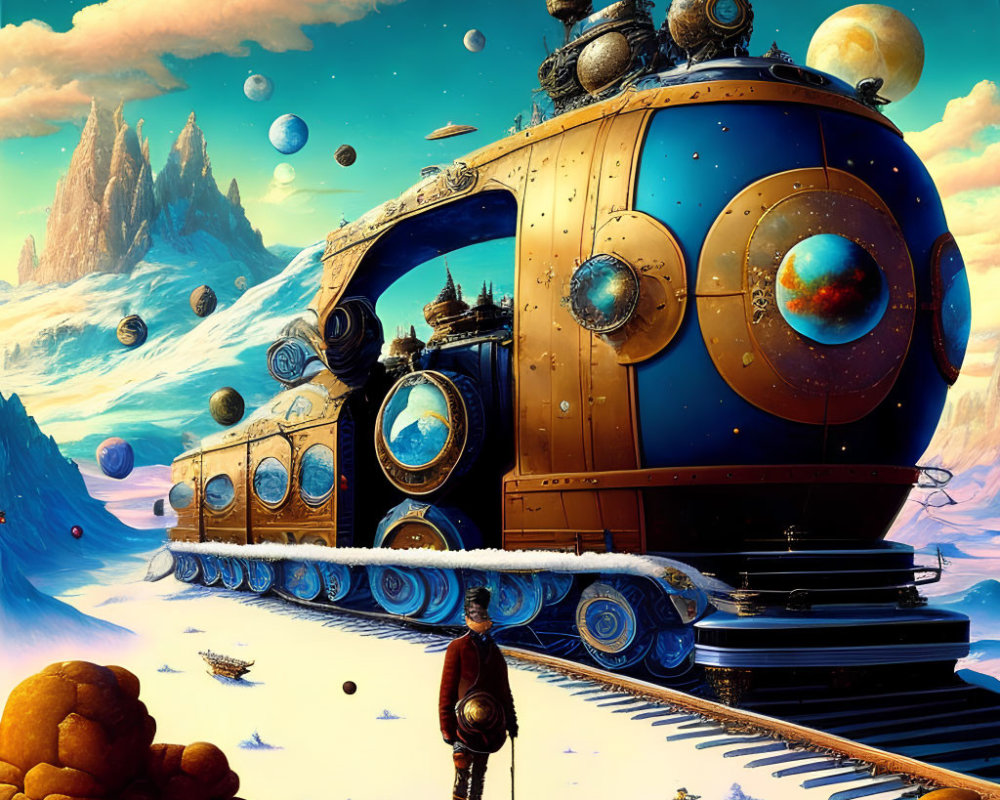 Ornate steampunk train in surreal landscape with floating orbs