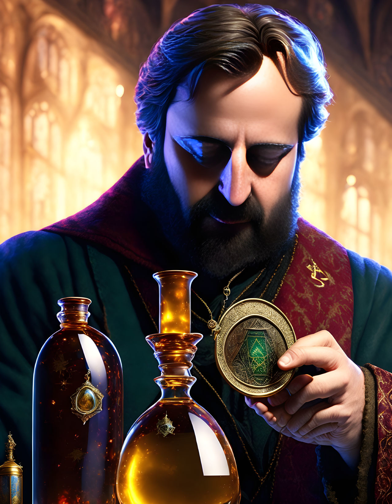 Historical bearded man with amulet and potion bottles in grand setting