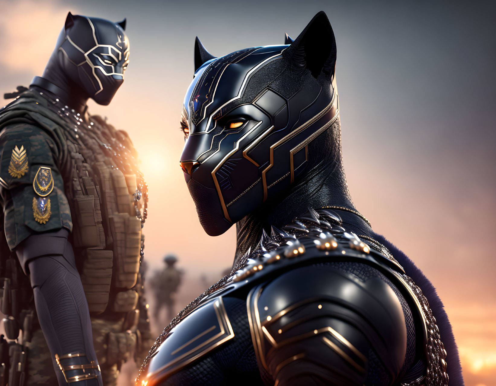 Two people in advanced black panther suits against a sunset sky with intricate detailing.