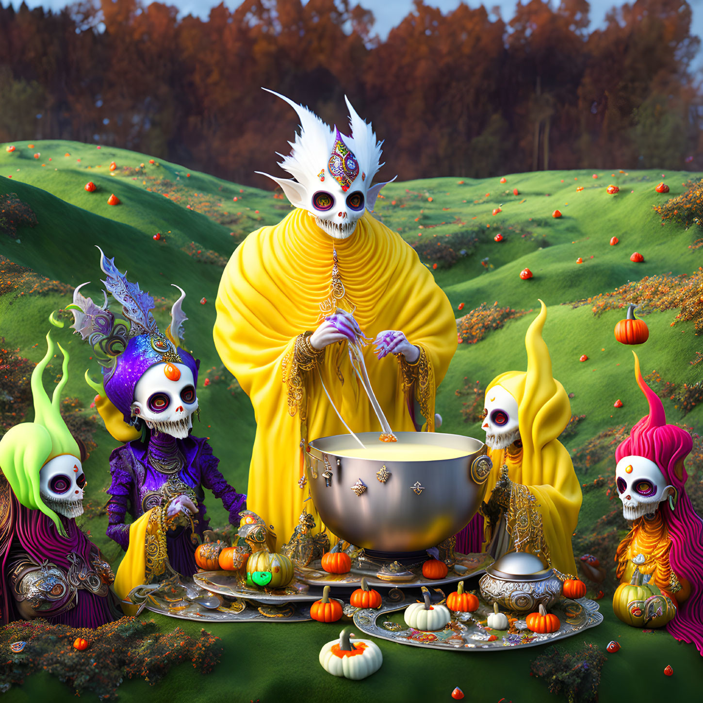 Colorful Skeleton Figures in Whimsical Forest Setting with Pumpkins & Cauldron