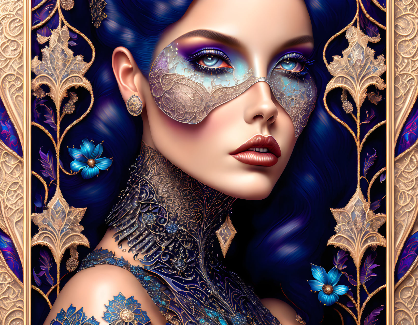 Detailed Digital Art: Woman with Blue Hair, Lace Mask, Floral Motifs, Golden Patterns