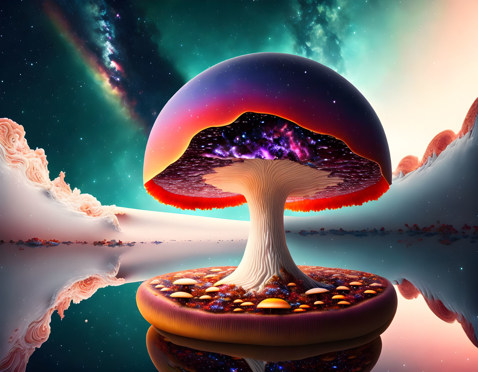 Colorful fantasy mushroom beside reflective lake under cosmic sky.