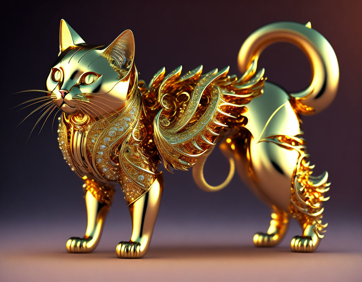 Intricate golden mechanical cat with wing-like designs on warm backdrop