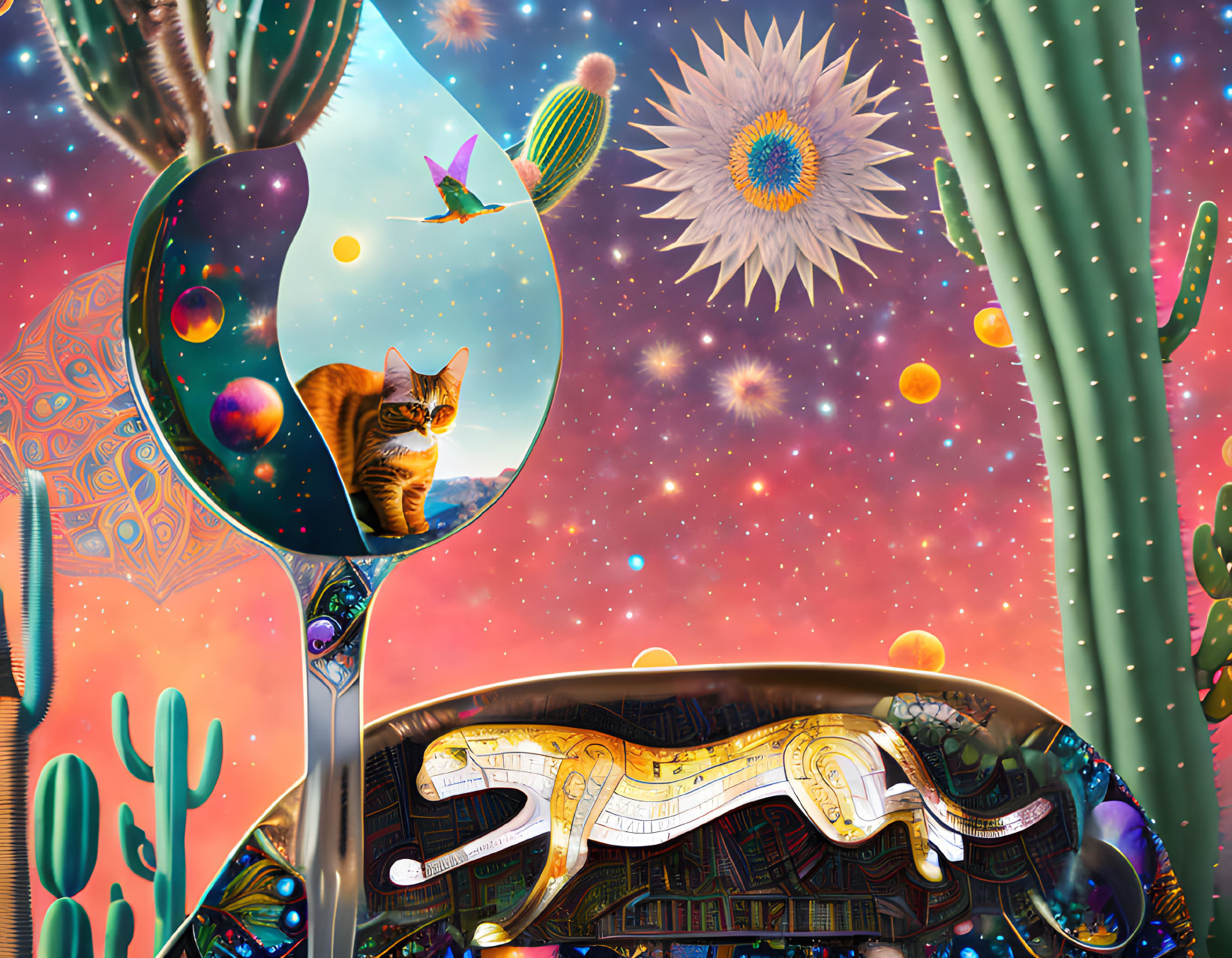 Surreal space-themed desert landscape with giant spoon, cat, planets, cacti, and