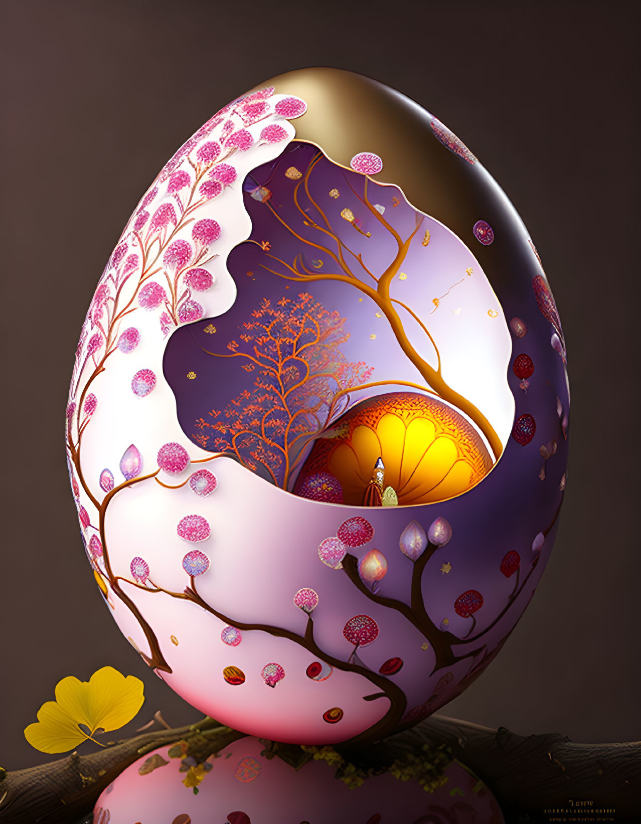 Detailed illustration of glowing tree inside intricately designed egg