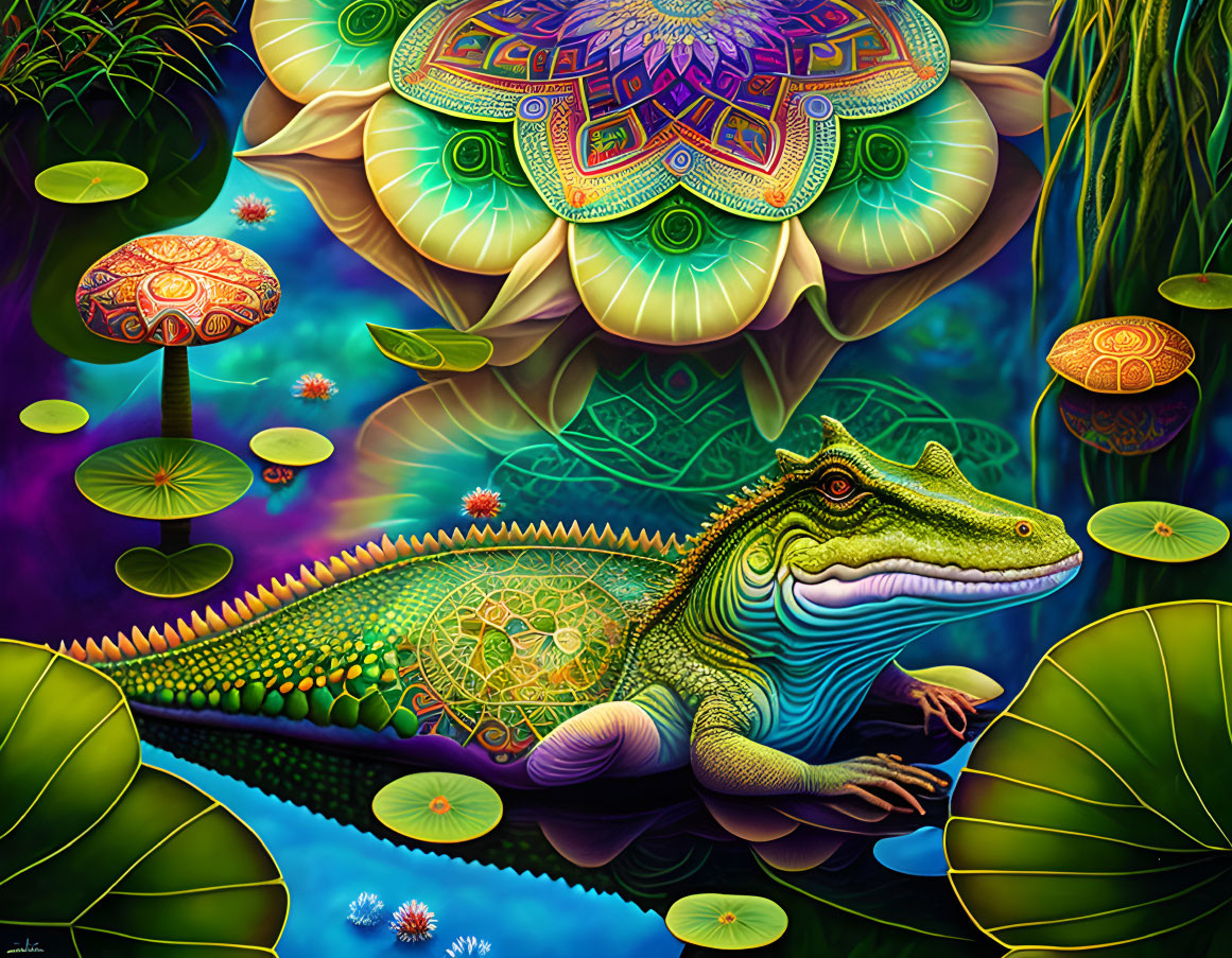 Colorful Digital Artwork: Stylized Alligator in Fantasy Flora & Mandala Backdrop