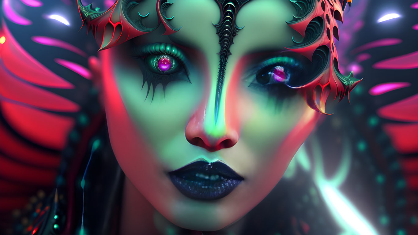 Fantastical female character with glowing pink eyes and ornate headgear.