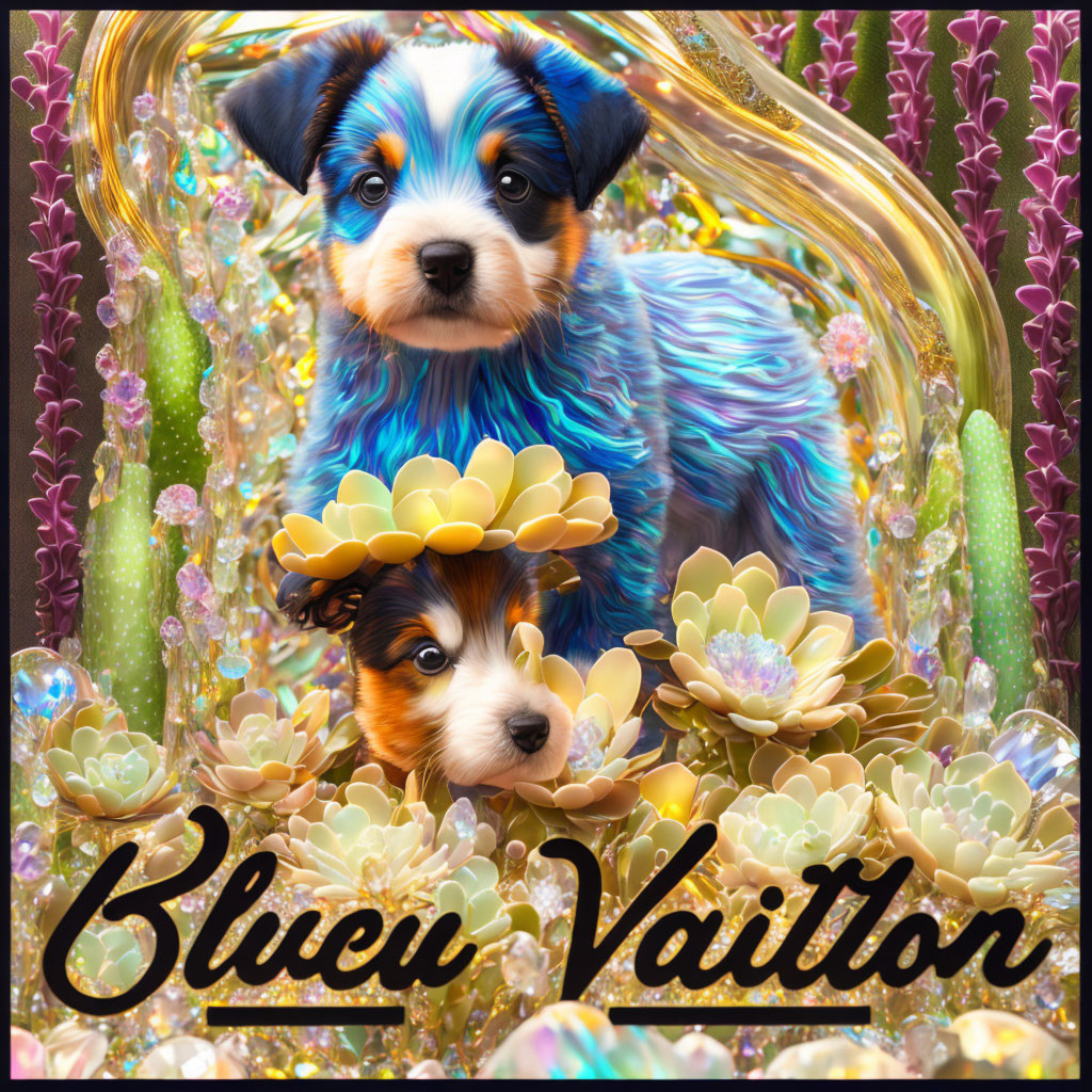 Colorful Stylized Dogs Among Jewels and Flowers with "Bleu Vaittor