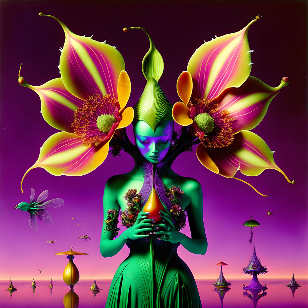 Surreal female figure with floral headpiece and dragonfly in fantastical landscape