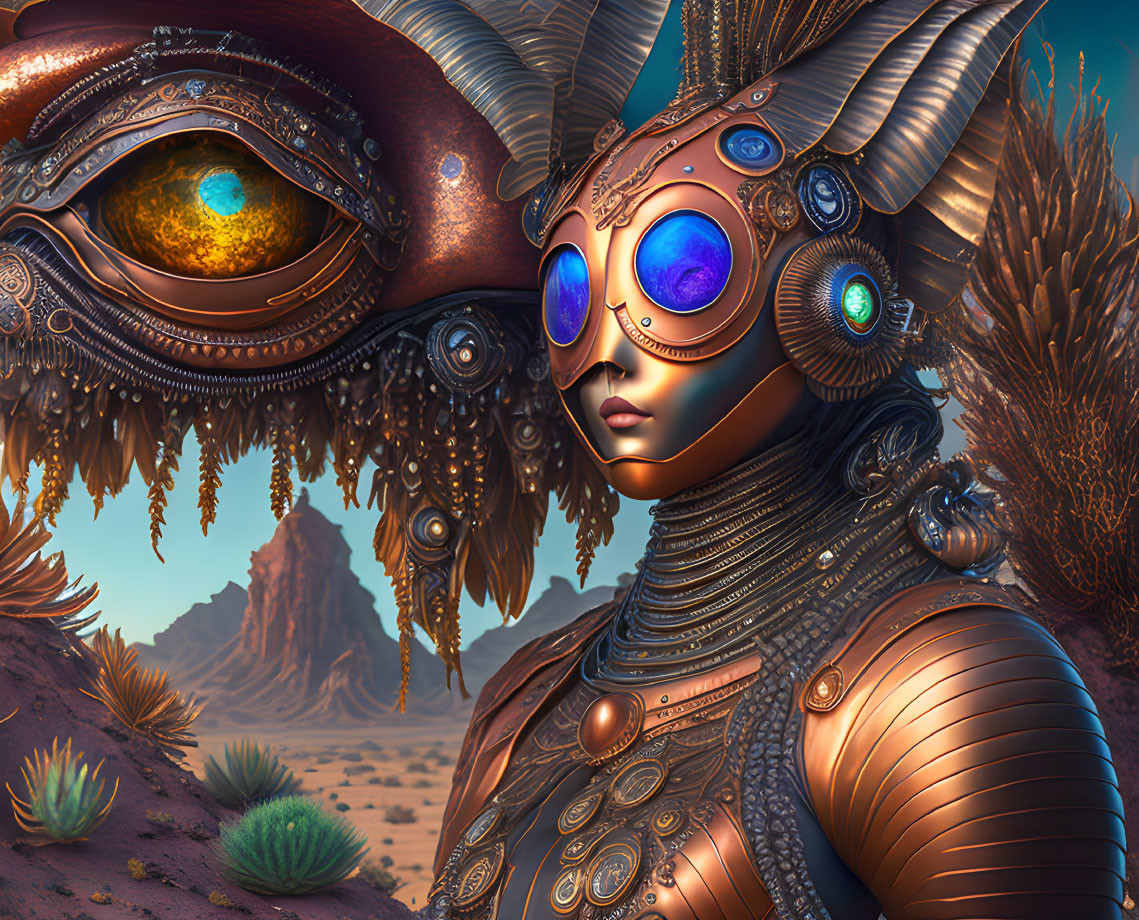 Futuristic being in ornate metallic armor with blue lenses in desert landscape