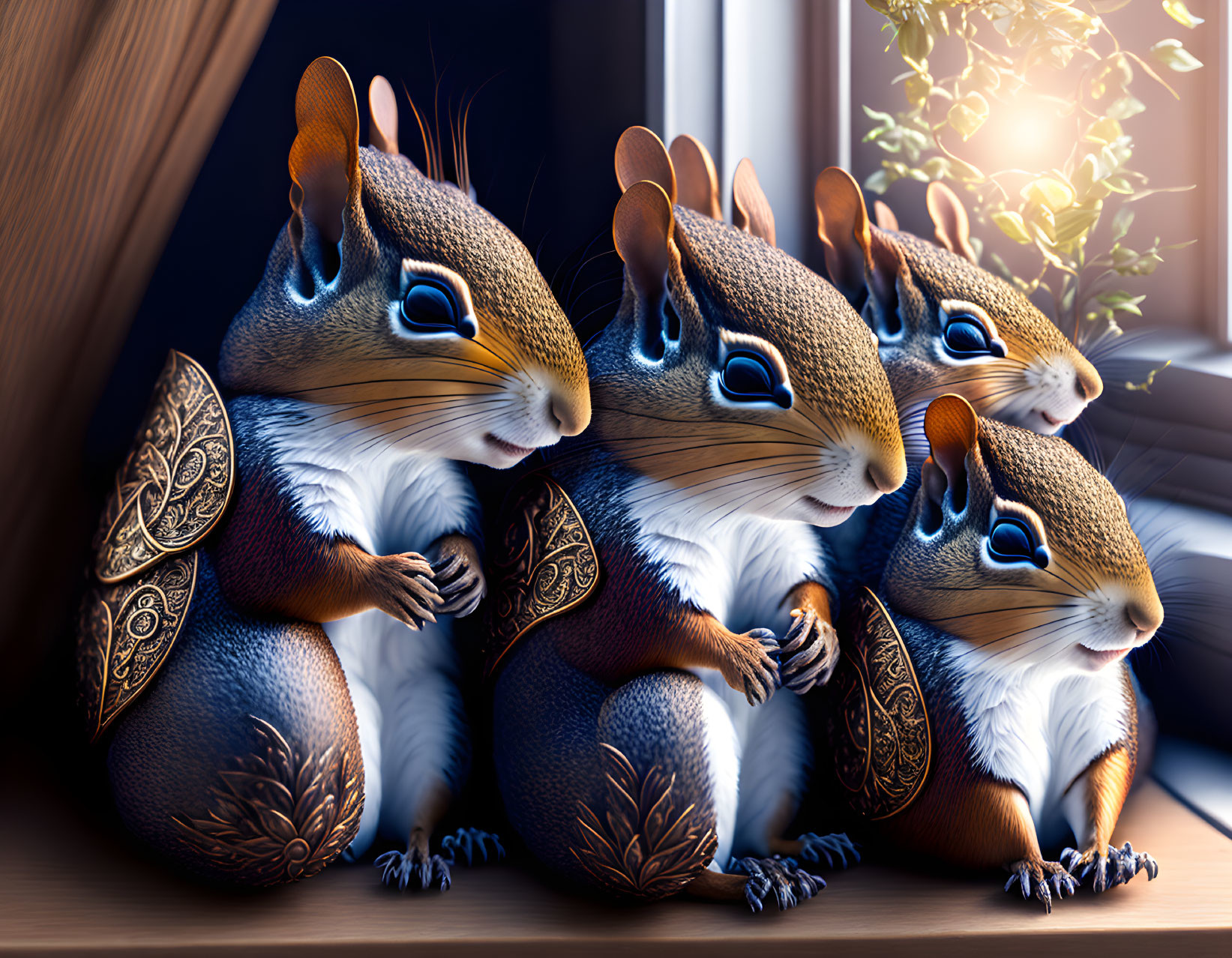 Five animated squirrels with human-like expressions in ornate armor sitting by a window with sunlight streaming in