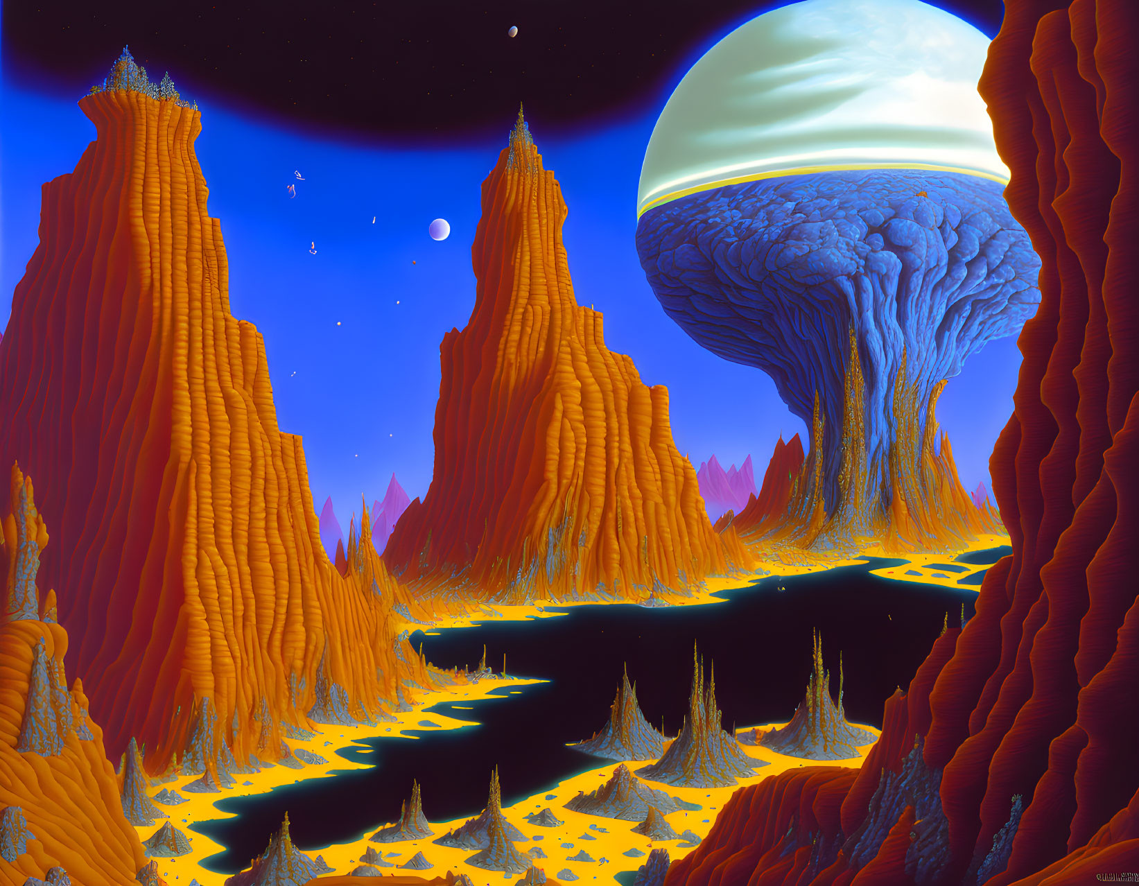 Majestic orange rock formations, blue mushroom, river, and ringed planet