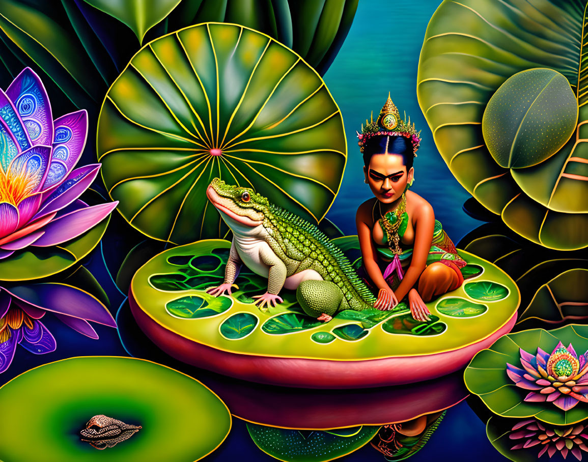 Colorful artwork: person with crown next to crocodile on lotus leaf in lush setting