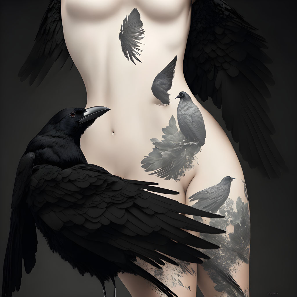 Digital artwork featuring human torso with black wings and three ravens