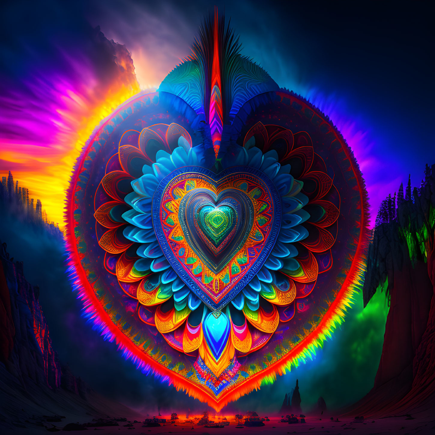 Colorful Digital Artwork: Layered Heart with Mandala Patterns in Fantasy Landscape