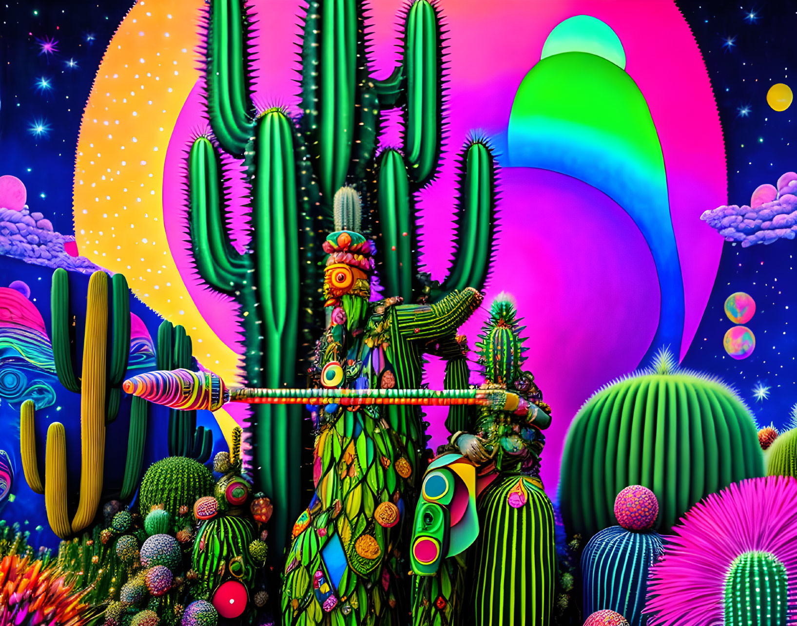 Colorful neon-lit desert scene with stylized cacti under a celestial sky