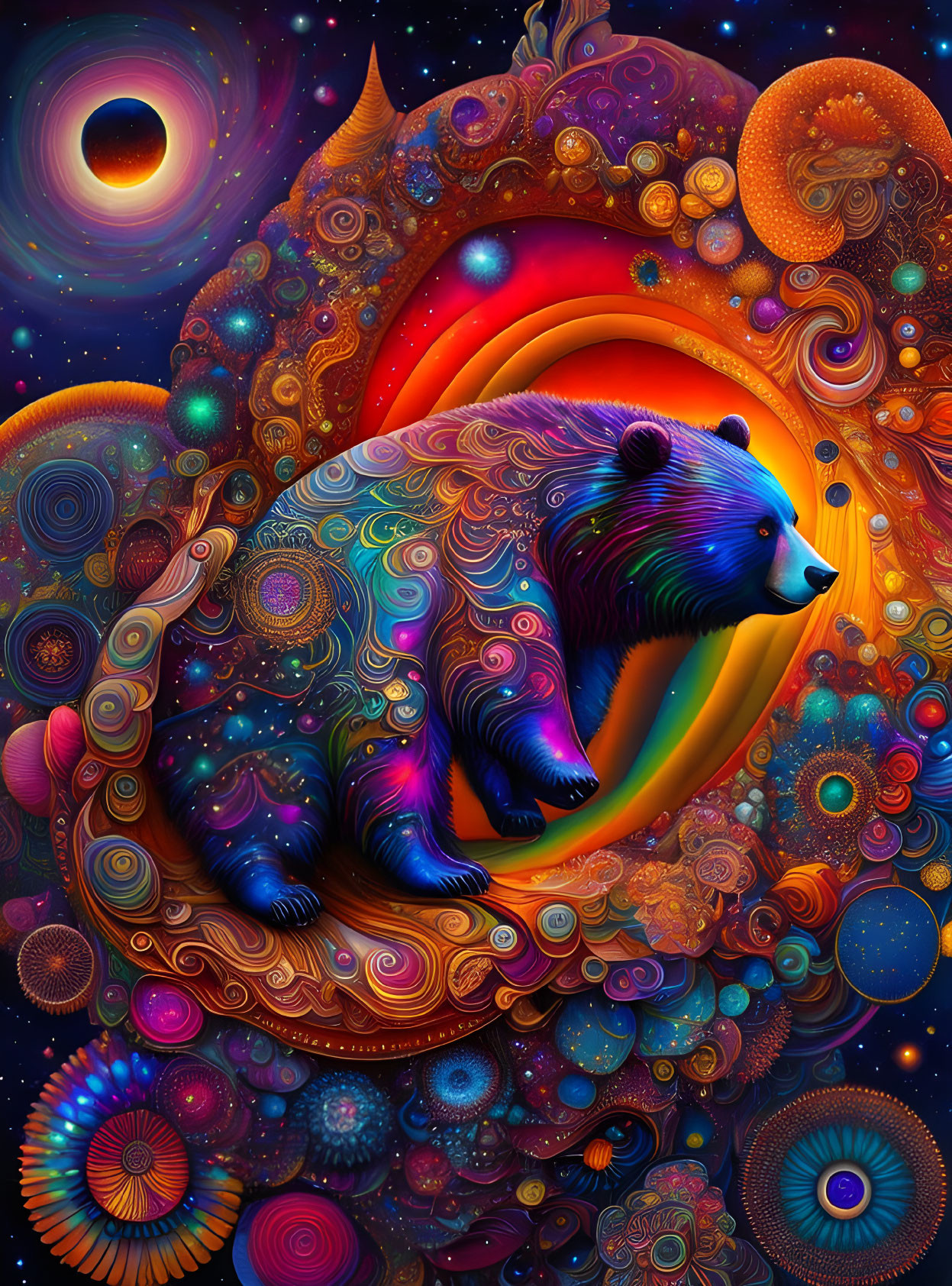 Vibrant psychedelic bear surrounded by cosmic patterns