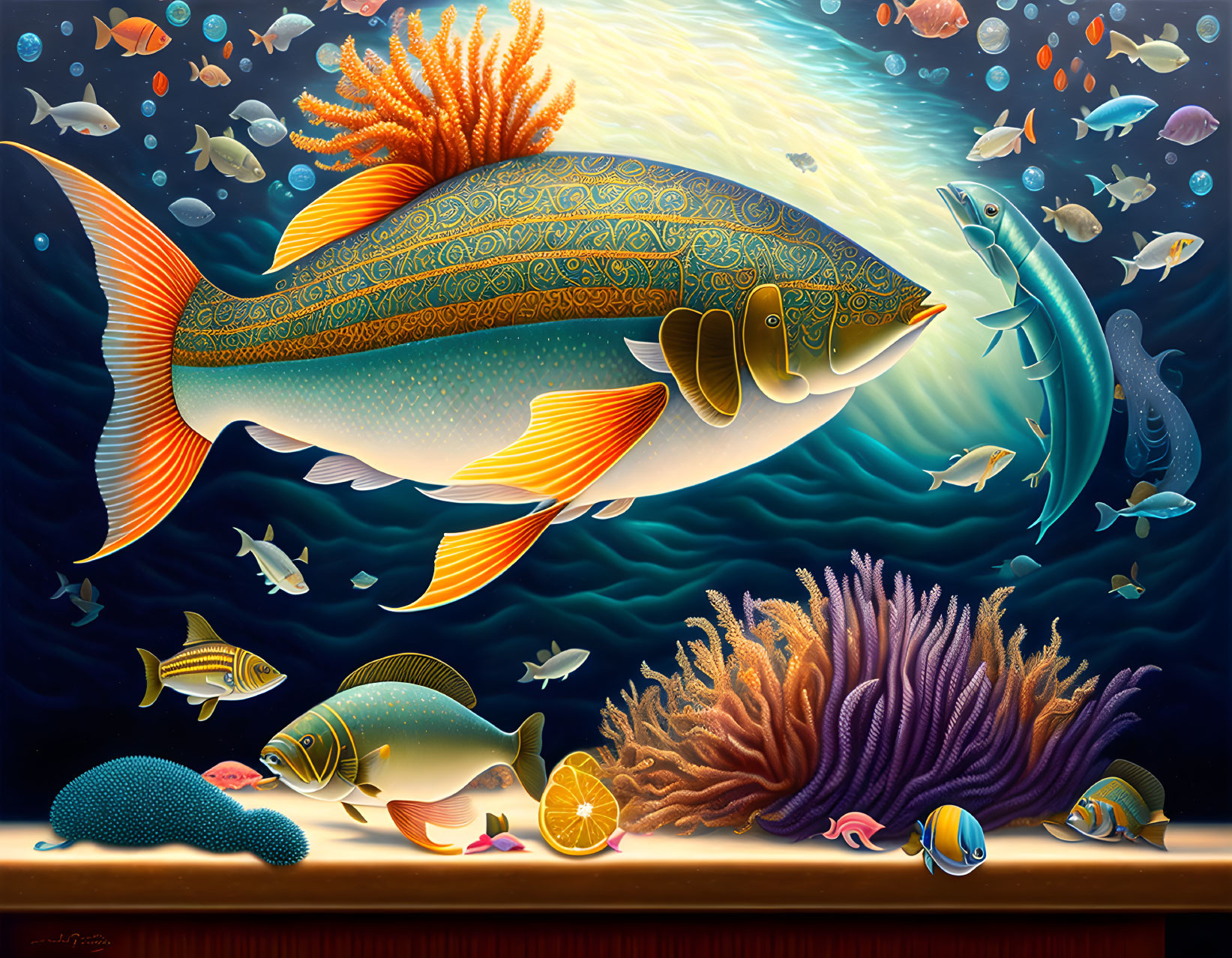 Colorful underwater scene with ornate fish and coral formations