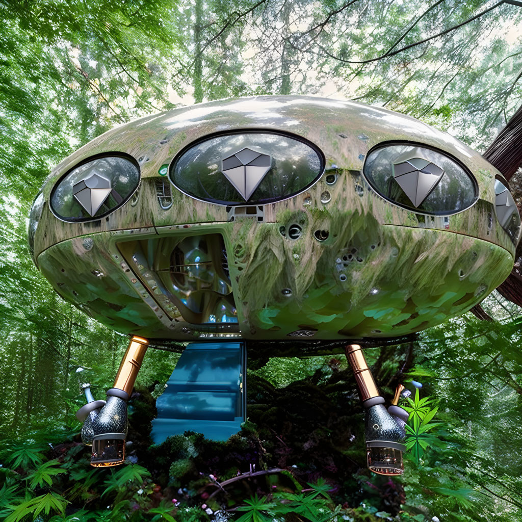 Reflective spherical treehouse in lush forest with steel supports