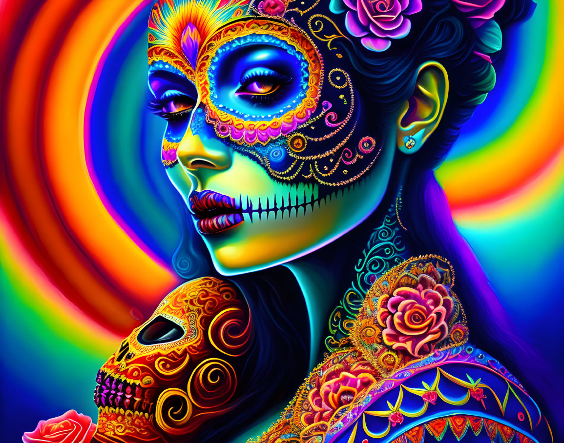 Colorful Dia de los Muertos digital artwork with sugar skull makeup and floral patterns