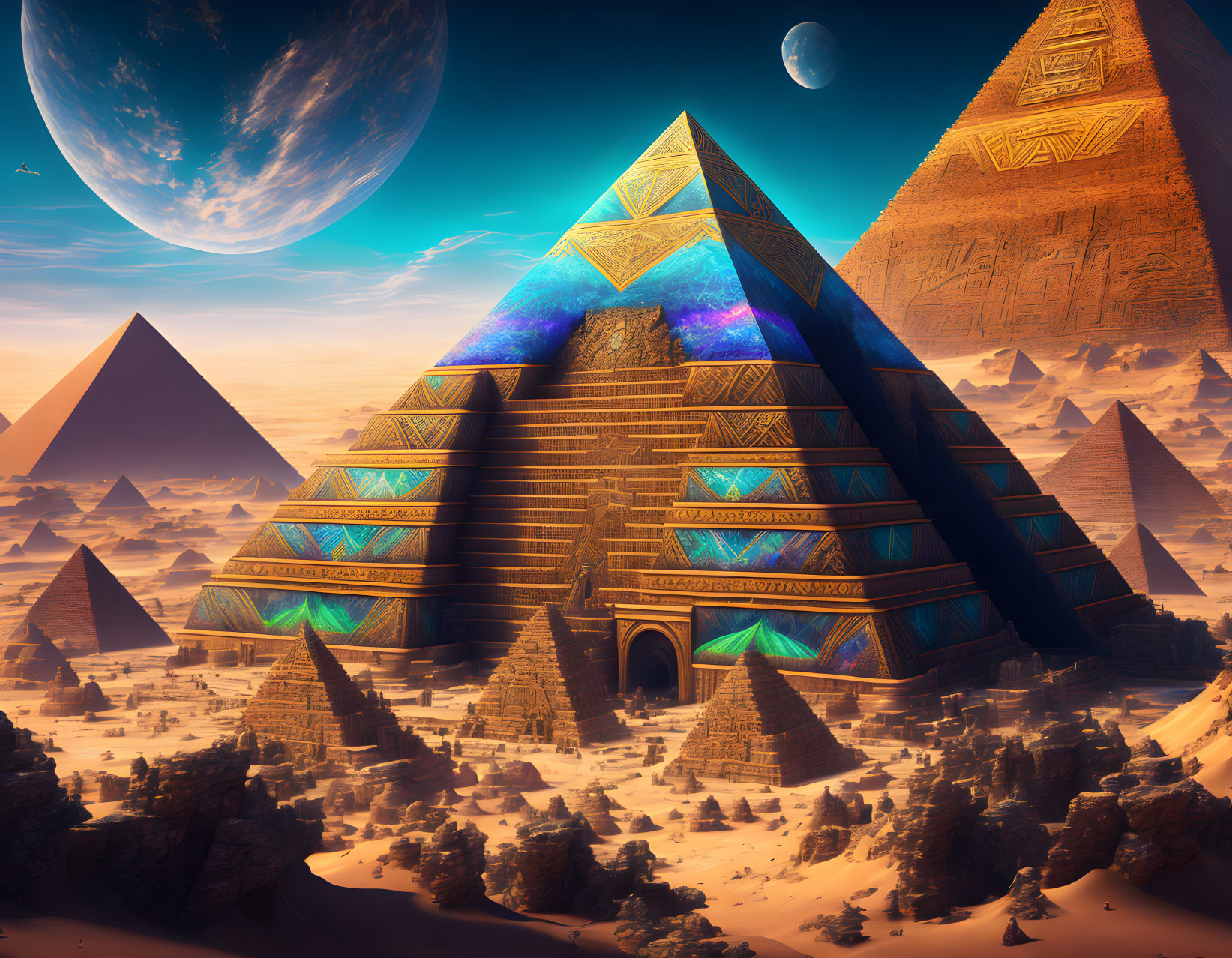 Fantastical landscape with ancient pyramids under twilight sky