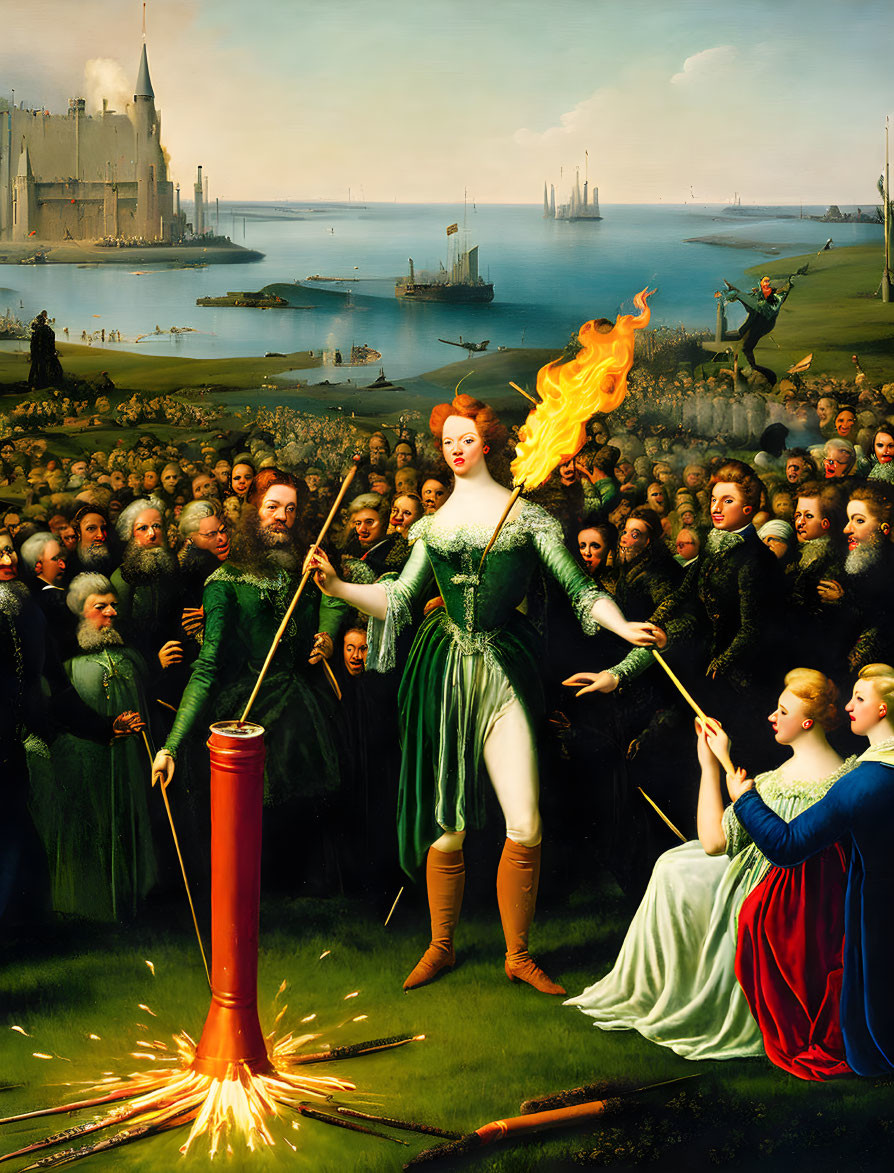 Digital art: Woman with flaming hair in green bodysuit holds rocket in historical, fantastical landscape