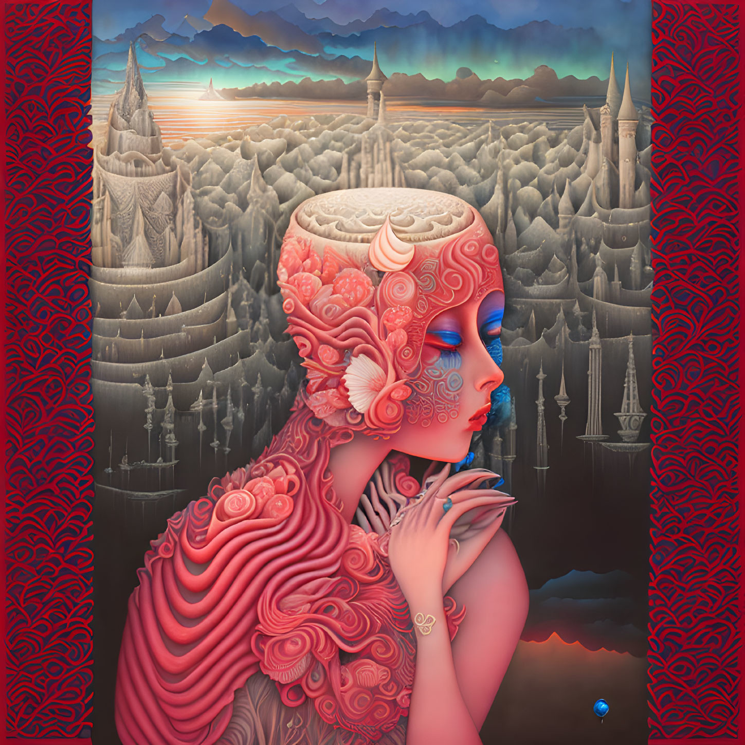 Surreal portrait of female figure with red patterns against fantastical landscape