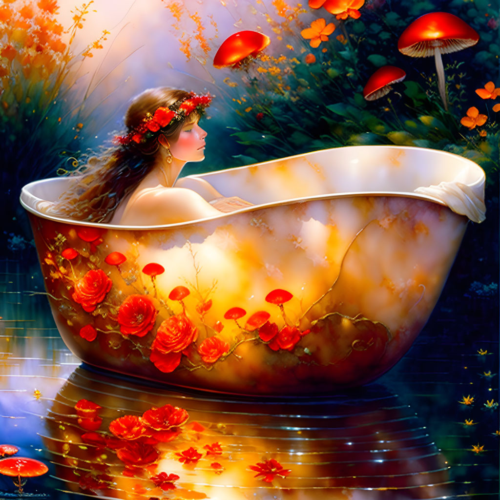 Vibrant illustration: Woman in flower-filled bathtub surrounded by luminous garden