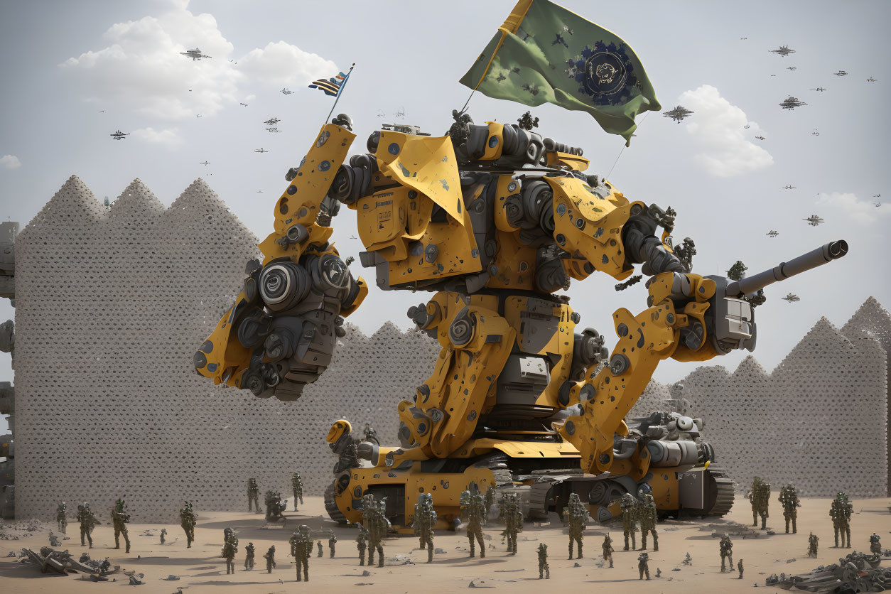 Giant Yellow Military Robot Marches with Soldiers in Desert