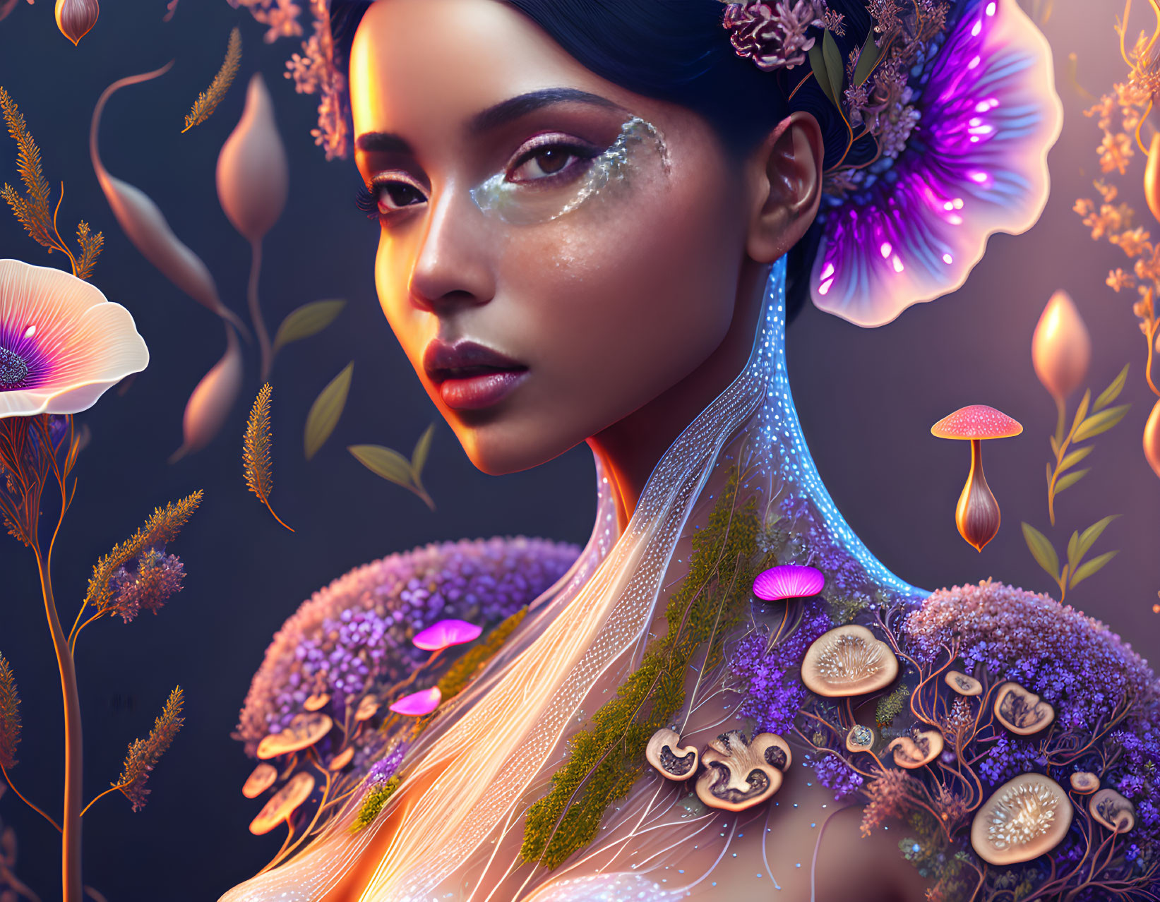 Detailed woman illustration with floral, fungal elements, glittering skin adornments, vibrant colors on dark backdrop