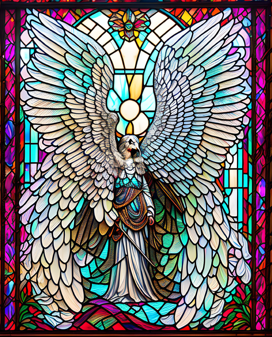 Stained Glass Window: Angel with Expansive Wings and Vibrant Patterns