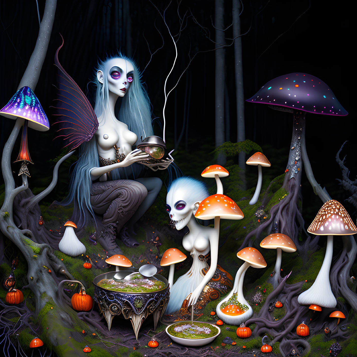 Fantastical illustration of pale, winged creatures in enchanted forest