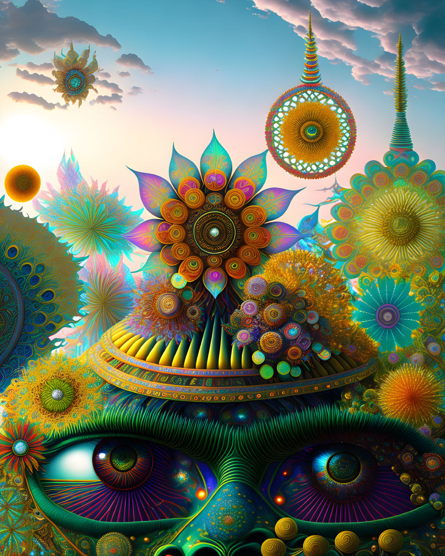 Colorful psychedelic image with central eye and intricate floral patterns