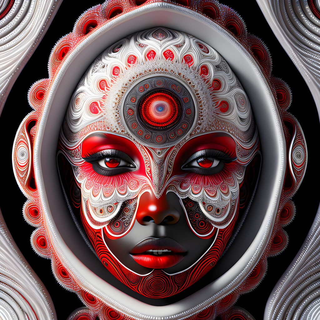 Detailed digital artwork: Face with red and white patterns, expressive eyes, surrounded by swirls - tribal