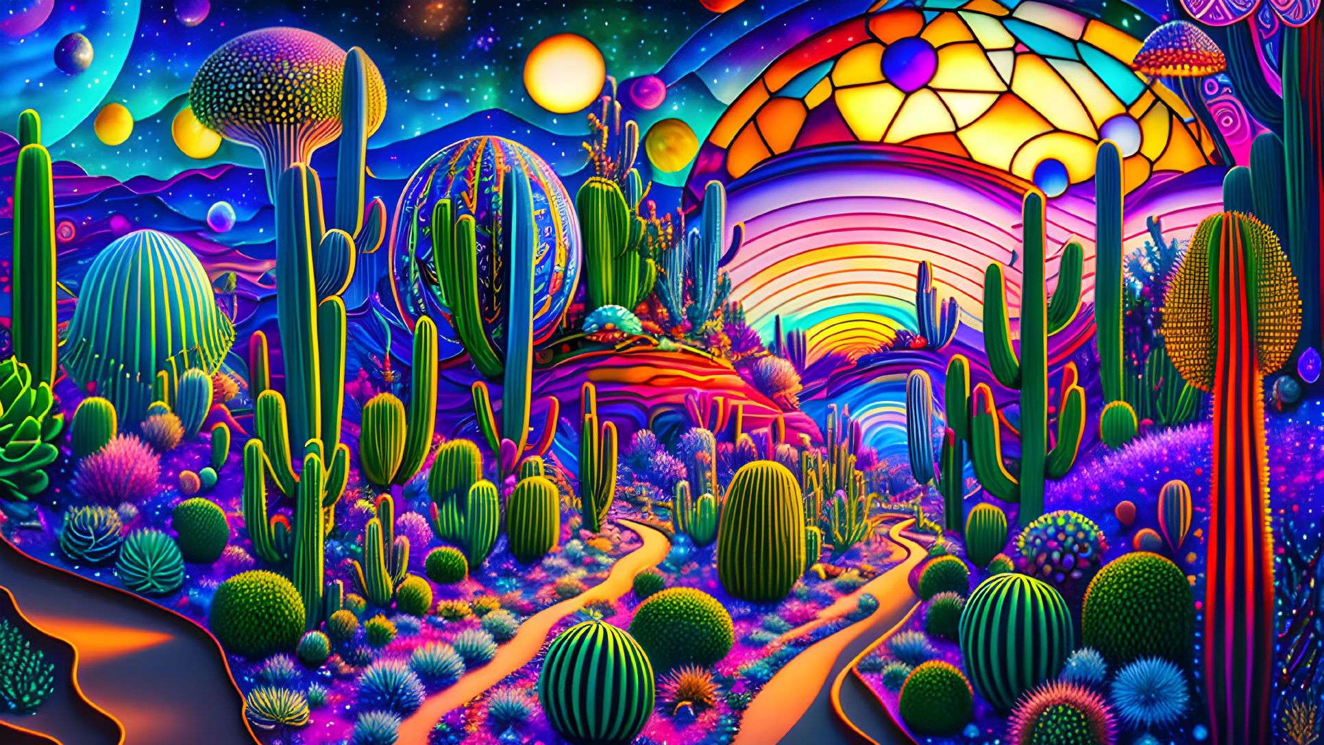 Colorful Psychedelic Landscape with Neon Cacti and Celestial Sky