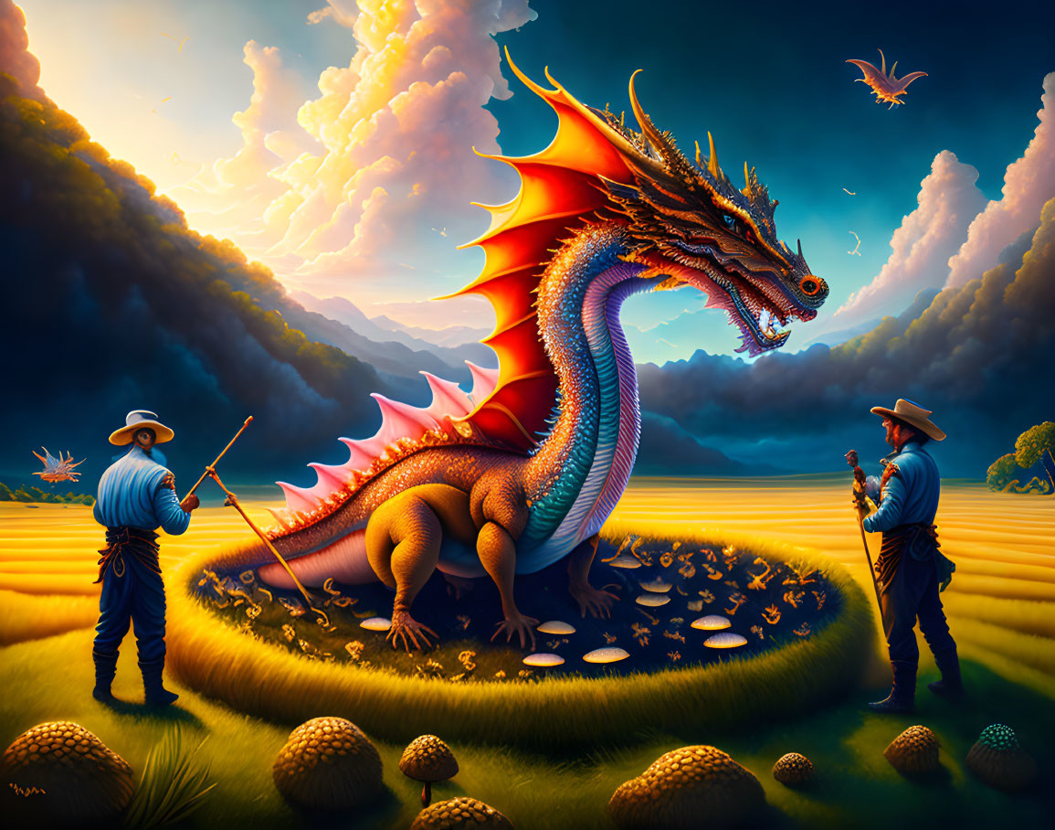 Colorful Asian farmers and dragon in surreal field under dramatic sky