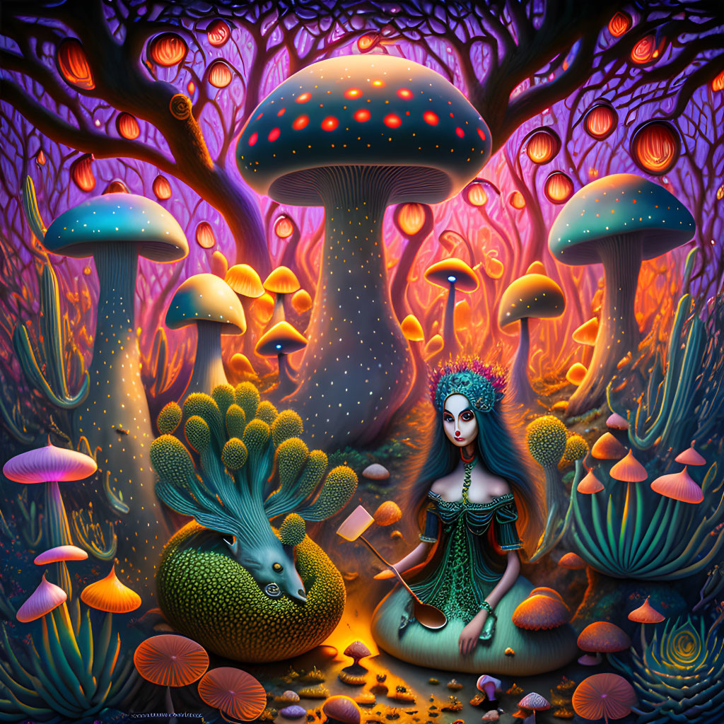 Enchanting forest scene with giant mushrooms and mystical figure