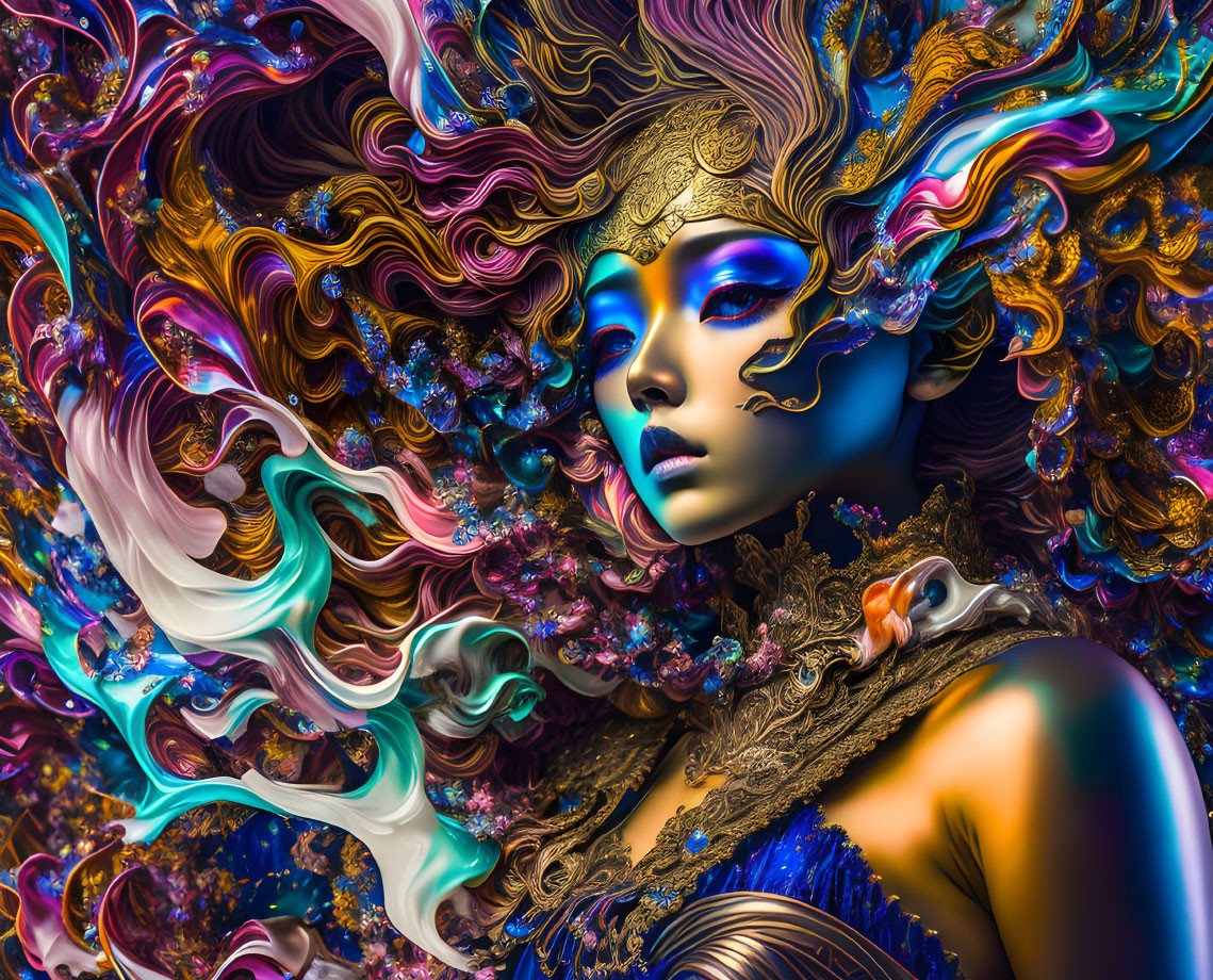 Colorful digital artwork: Ethereal woman with multicolored hair and golden headgear on intricate background