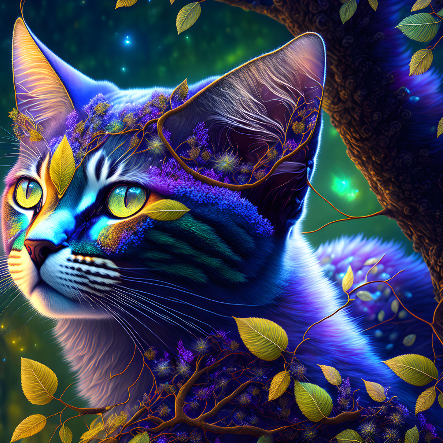 Colorful cat artwork with blue and purple fur in mystical forest setting