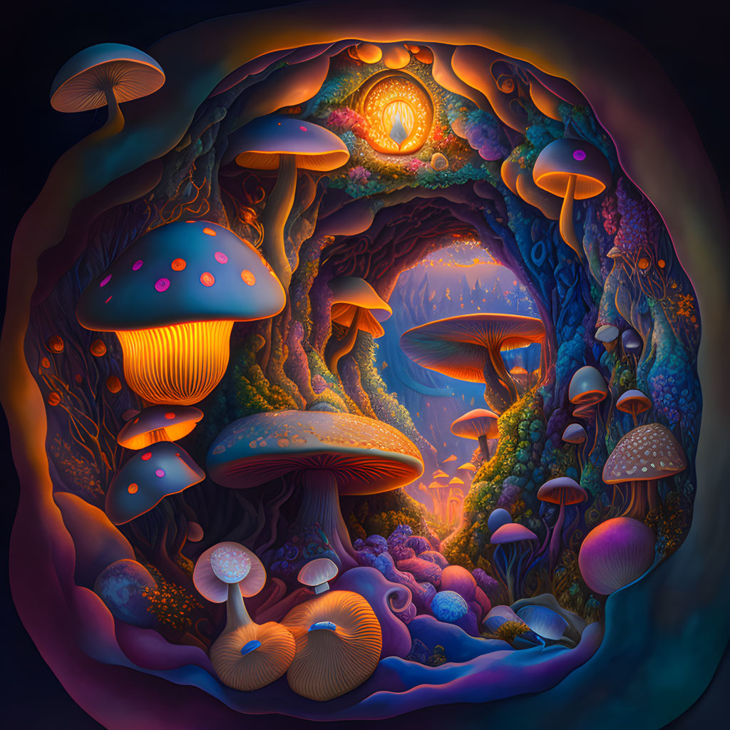 Mystical forest illustration with bioluminescent mushrooms