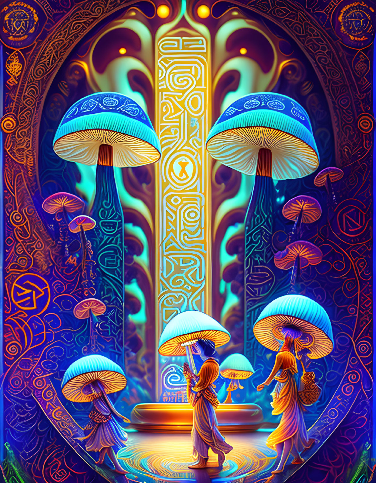 Psychedelic illustration of robed figures with glowing mushrooms