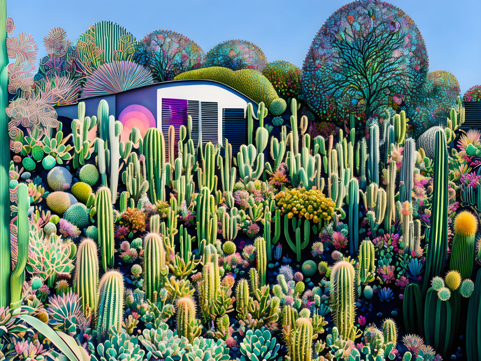 Colorful digital artwork: Vibrant cactus garden against abstract building.